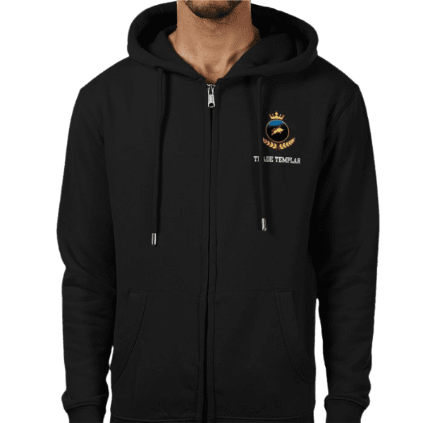 Front view of Trade Templar Knight Black Zip Crown Hoodie, mens luxury activewear from ElitePulse Sovereign at Investor GCC