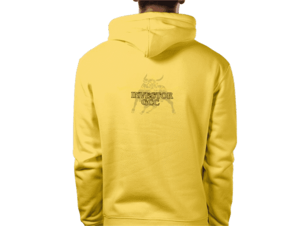 Back view of a sapphire blue sweatshirt with "INVESTOR GCC" text and ornate crown design.