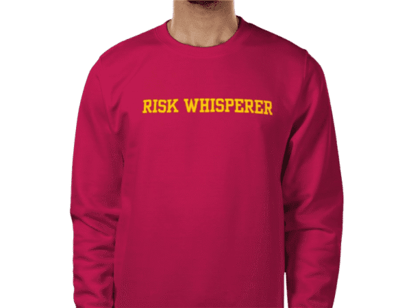 Front view of Risk Whisperer Luxury Red Sweatshirt with 'RISK WHISPERER' text