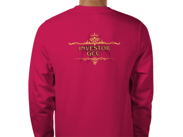 Back view of Risk Whisperer Luxury Red Sweatshirt with 'INVESTOR GCC' text