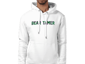 Front view of Bear Tamer Luxury White Hoodie with 'BEAR TAMER' text
