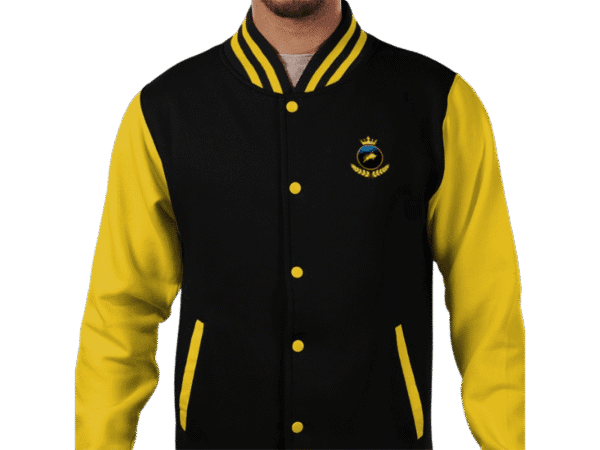 Front view of Investor GCC varsity jacket with yellow sleeves and logo