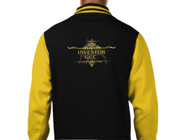 Back view of Investor GCC varsity jacket with "Investor GCC" emblem