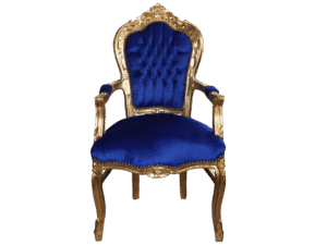 Front view of baroque dining chair blue gold with armrests.