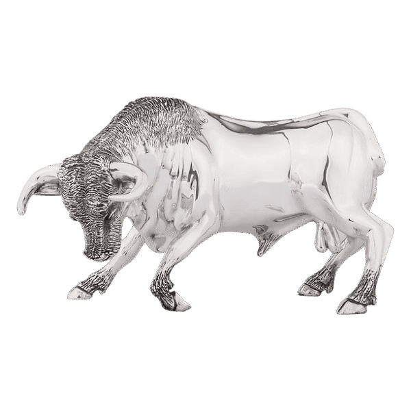 Side profile of Silver Charging Bull Statue luxury handcrafted silver finish