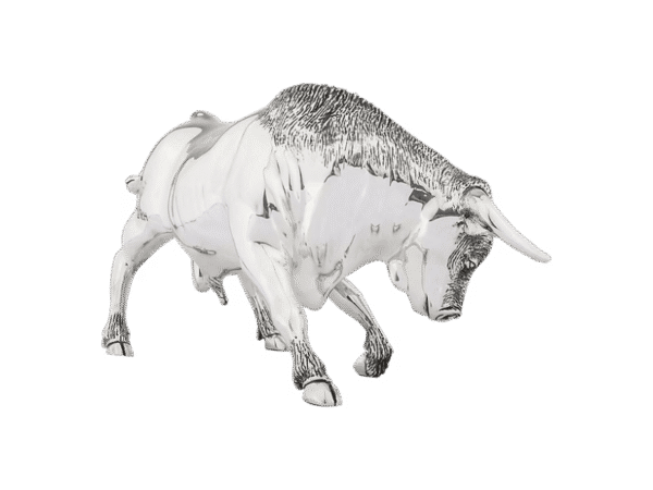 Close-up view of Silver Charging Bull Statue luxury handcrafted silver finish