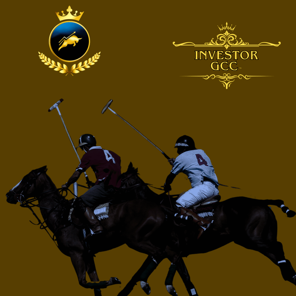 Energetic polo players on horseback, representing mens luxury apparel for Men's Crown Apparel at Investor GCC