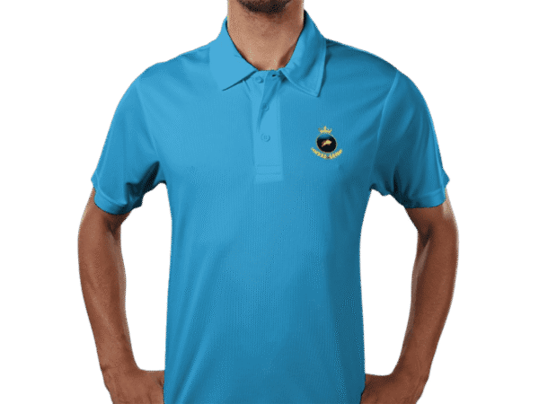 Front view of Premium Crown Polo Sapphire, luxury apparel by Investor GCC