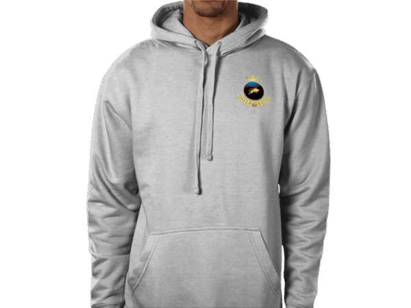Front view of Royal Crown Heather Hoodie, luxury apparel by Investor GCC