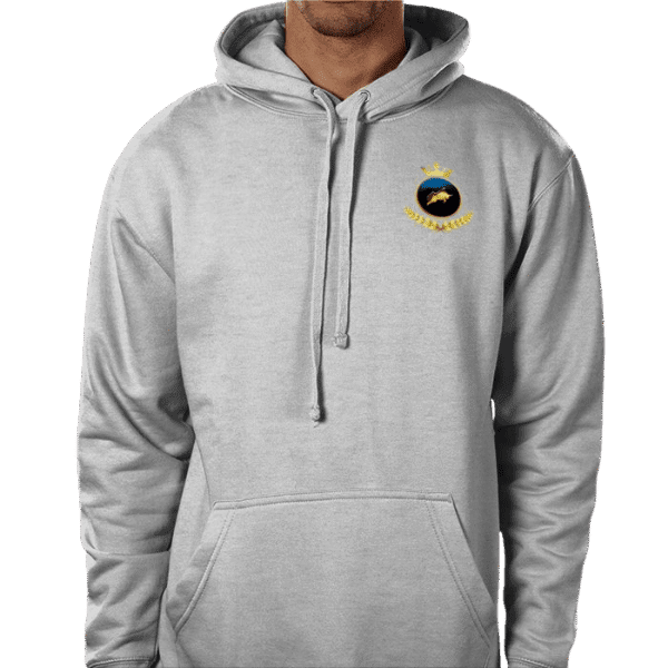 Front view of Royal Crown Heather Hoodie, luxury apparel by Investor GCC