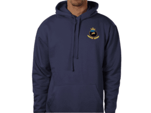 Front view of Regal Crown Hoodie Oxford Navy, luxury apparel by Investor GCC
