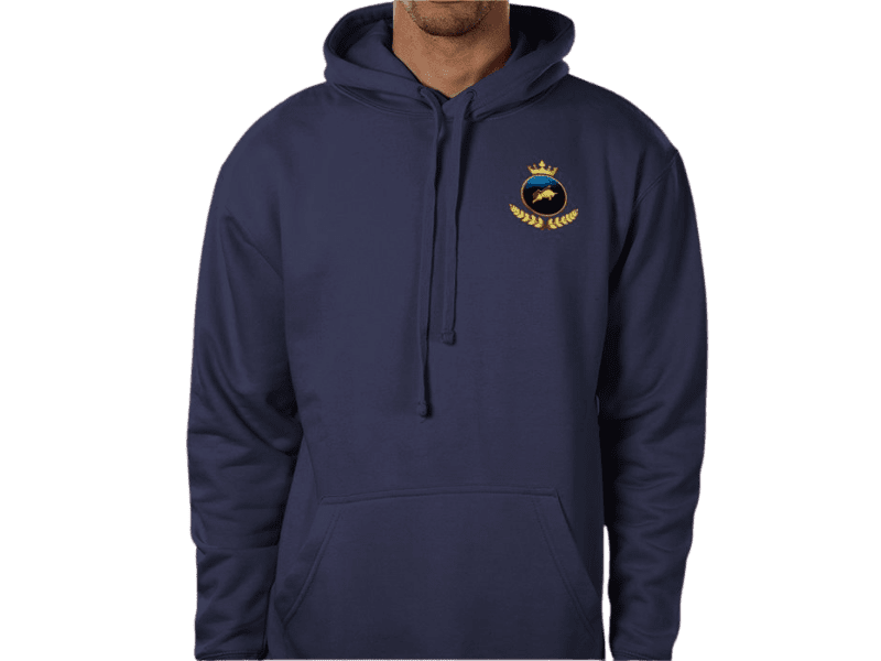Front view of Regal Crown Hoodie Oxford Navy, luxury apparel by Investor GCC