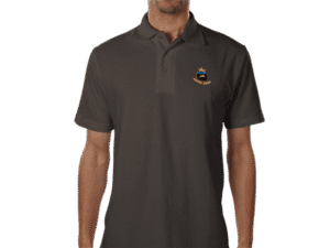Front view of Premium Crown Polo Graphite, luxury apparel by Investor GCC