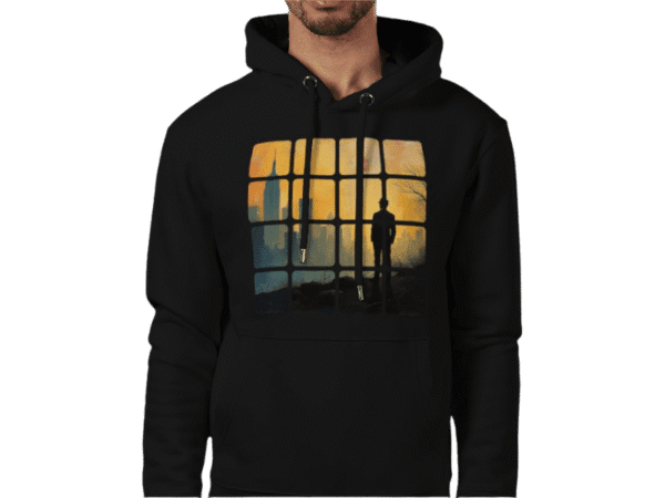 Front view of Empire Vision Black Hoodie, mens luxury activewear with Empire State design from Sovereign at Investor GCC