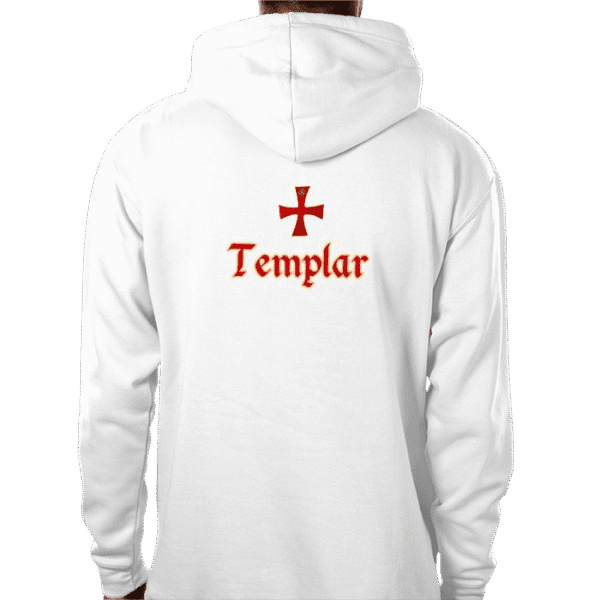 Back view of White Knights Templar Hoodie, mens luxury activewear by Sovereign at Investor GCC