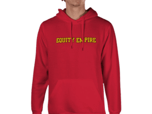 Front view of Equity Empire Crimson Hoodie, luxury apparel by Investor GCC