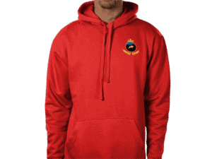 Front view of Regal Crown Hoodie Crimson, mens luxury activewear from Sovereign at Investor GCC