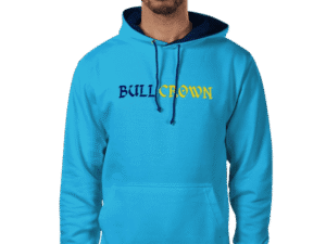 Front view of Bull Crown Light Blue and Navy Hoodie, luxury apparel by Investor GCC