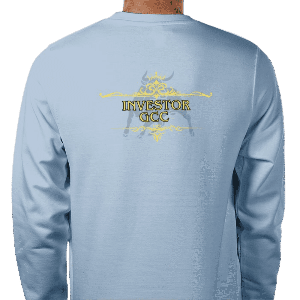 Back view of Premium Investor Sweatshirt Sky Blue, luxury apparel by Investor GCC