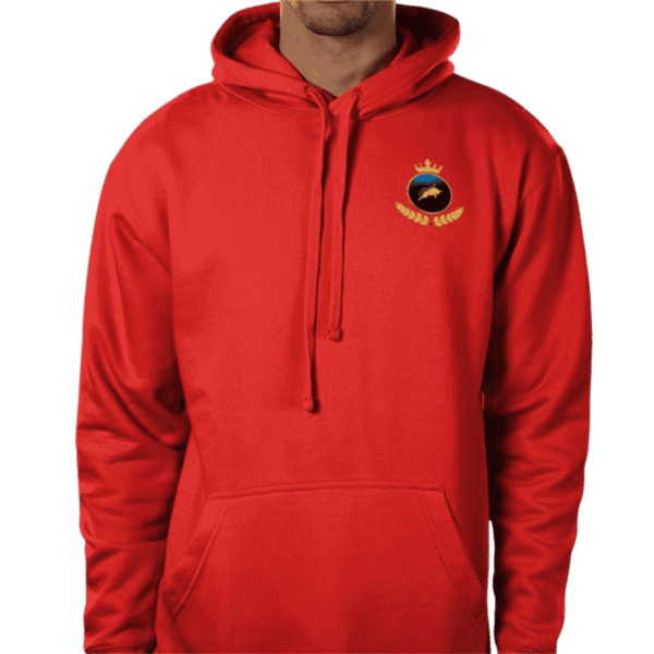 Front view of Regal Crown Hoodie Crimson, mens luxury activewear from Sovereign at Investor GCC