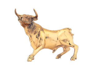 Left profile of D’Argenta 24K gold bull statue in dynamic pose.