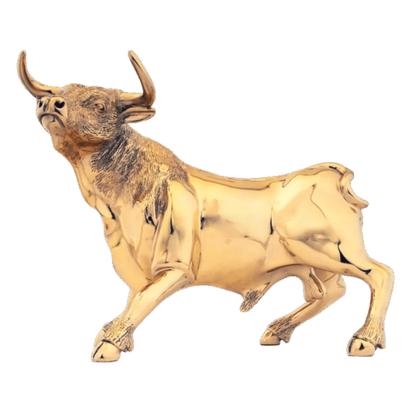 Left profile of D’Argenta 24K gold bull statue in dynamic pose.