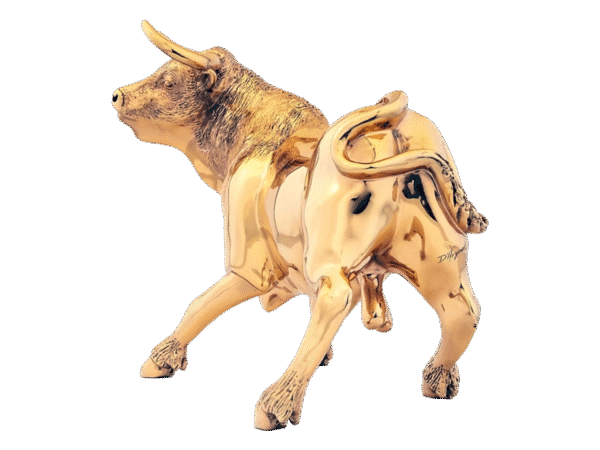 Rear view of handcrafted 24K gold charging bull sculpture.