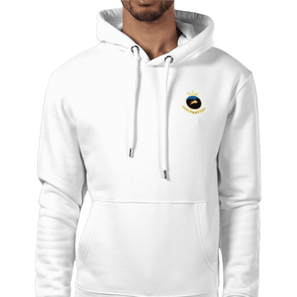 Front view of Royal Crown Hoodie Sniper White, luxury apparel by Investor GCC