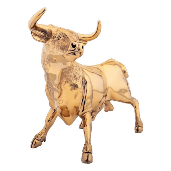 Front perspective of luxury 24K gold bull statue symbolizing prosperity.