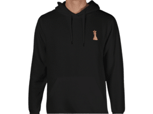 Front view of a black Chess King Hoodie with a chess king embroidery on the chest, made of 20% cotton and 20% polyester.
