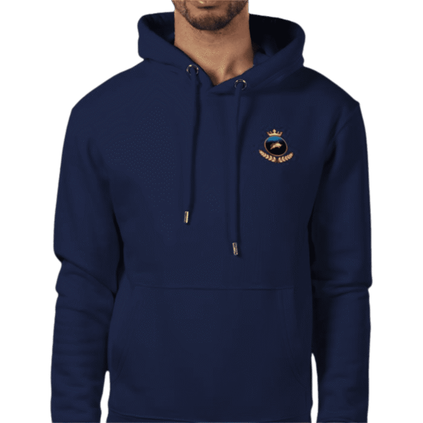 Front view of Royal Crown Navy Hoodie, luxury apparel by Investor GCC