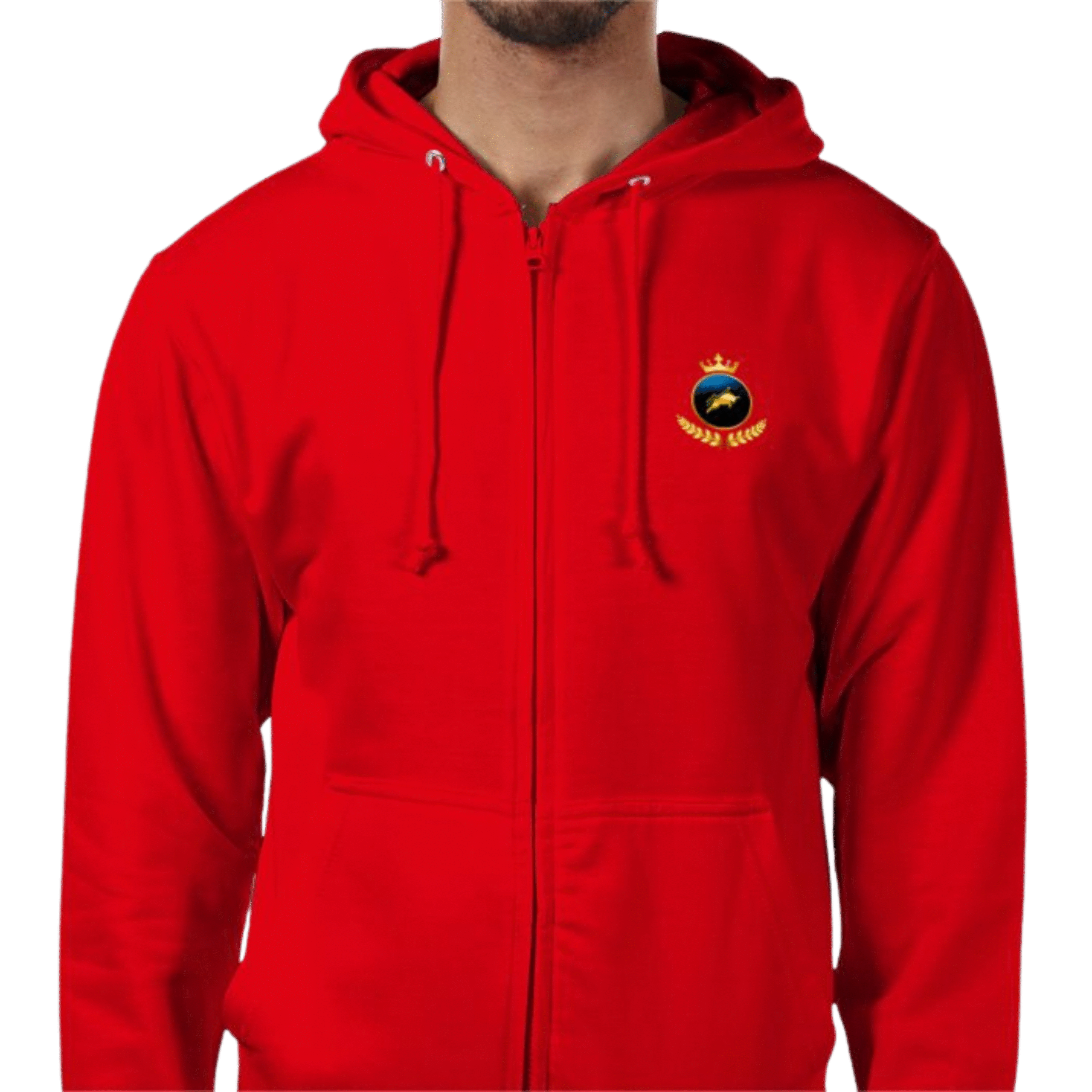 Front view of Royal Crown Crimson Zip Hoodie in deep crimson red with gold crown embroidery on chest, premium heavyweight zip-up