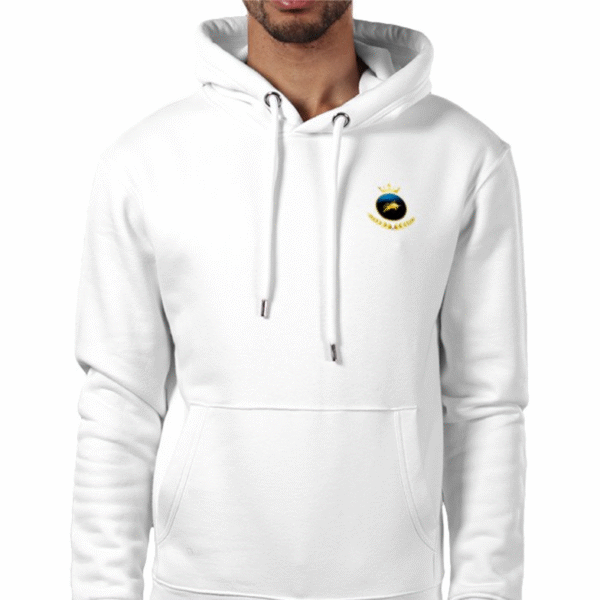 Back view of Royal Mac Phádraig Hood with large black ‘Mac Giolla Phádraig’ arched print, hood up