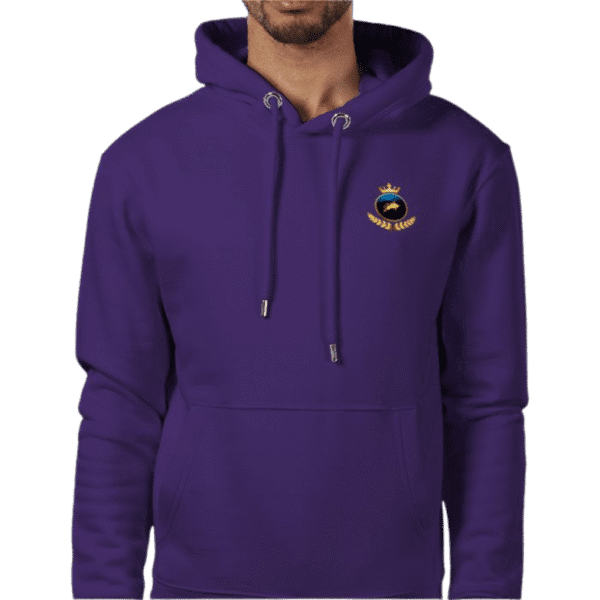 Back view of Royal Mac Cárthaigh Hood with large white ‘Mac Cárthaigh’ arched print, hood up