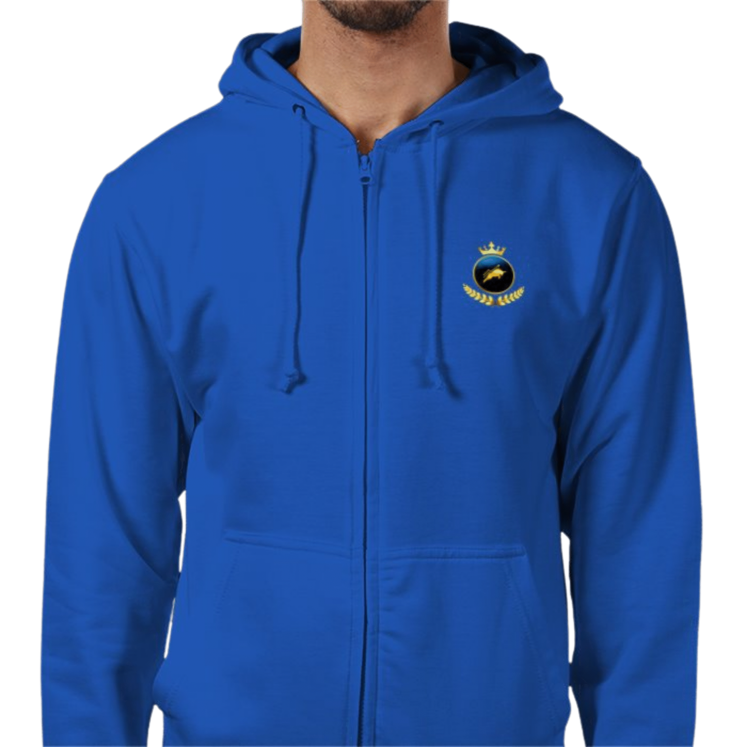 Front view of Royal Crown Sapphire Zip Hoodie in deep sapphire blue with gold bull and crown embroidery on chest, oversized regal fit