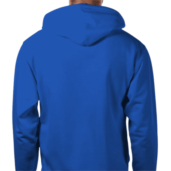 Back view of Royal Crown Sapphire Zip Hoodie with faint gold ‘Claim the Irish Crown’ arched print, hood up on misty bridge edge at golden hour