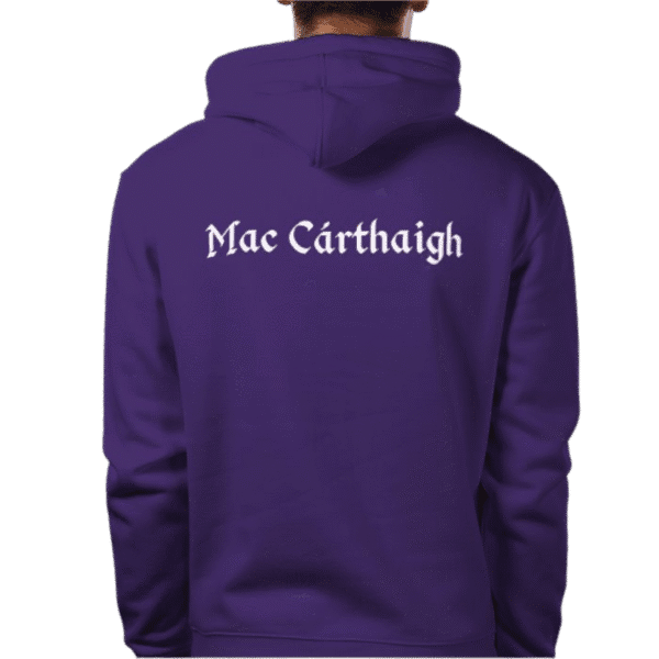 Front view of Royal Mac Cárthaigh Hood with gold bull and crown embroidery on chest, premium heavyweight zip-up