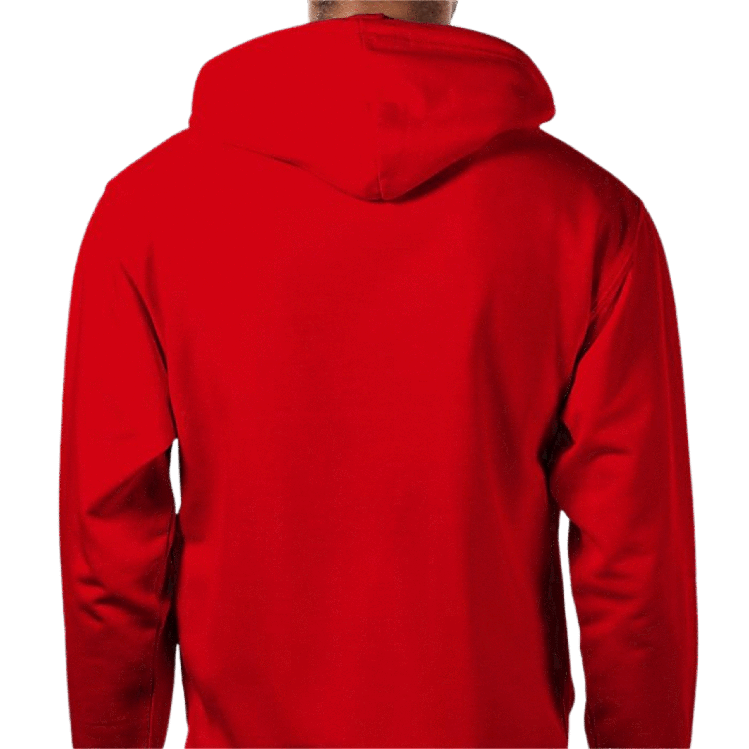 Back view of Royal Crown Crimson Zip Hoodie with faint gold ‘Claim the Irish Crown’ arched print, hood up on hilltop at sunset