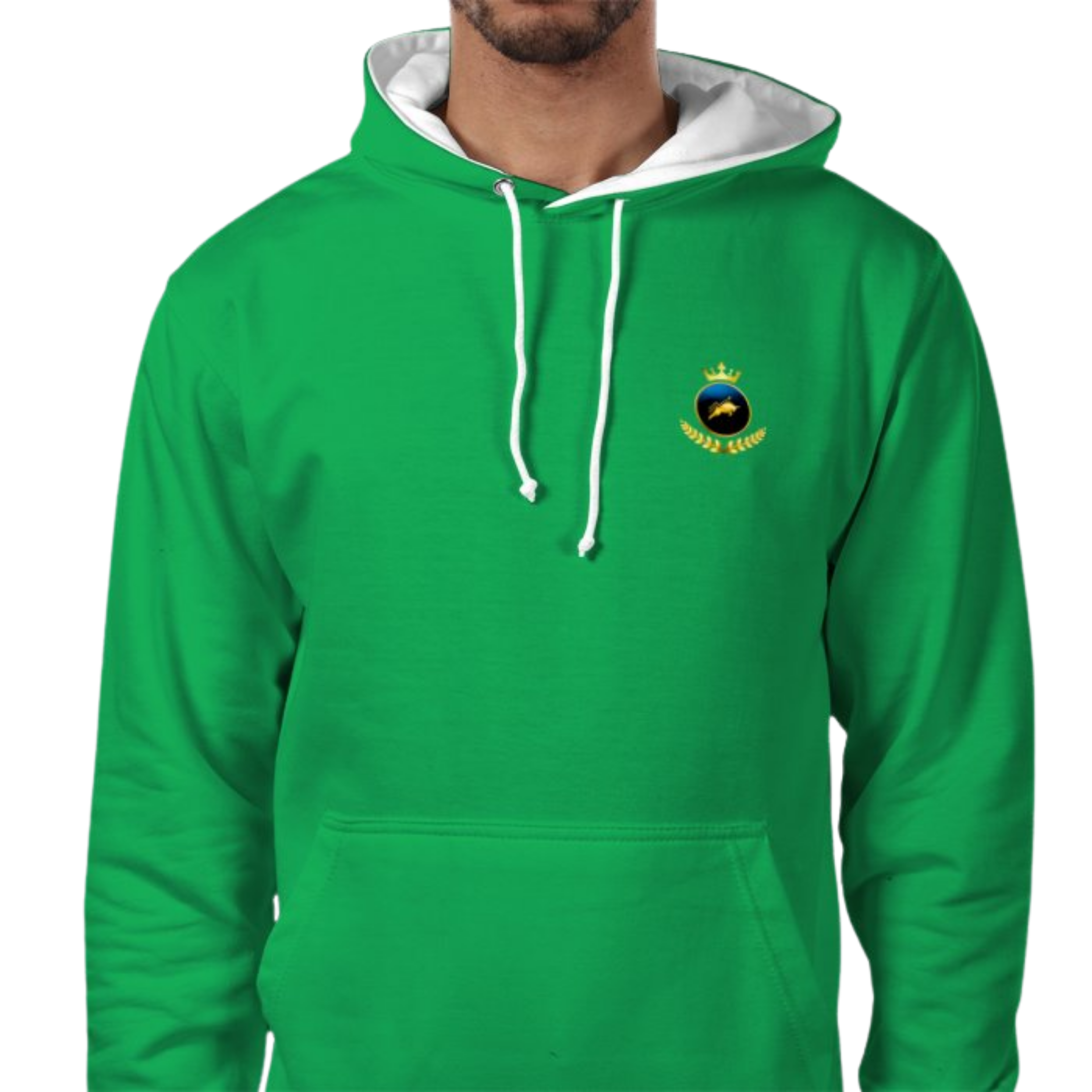 View of Royal Ua Briain Hood with large white ‘Ua Briain’ arched print, hood up