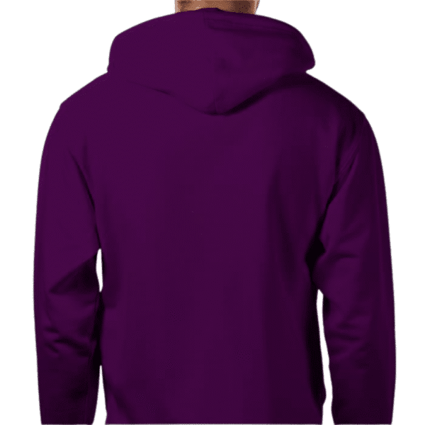Back view of Royal Crown Amethyst Zip Hoodie with faint gold ‘Claim the Irish Crown’ arched print, hood up on hilltop at twilight