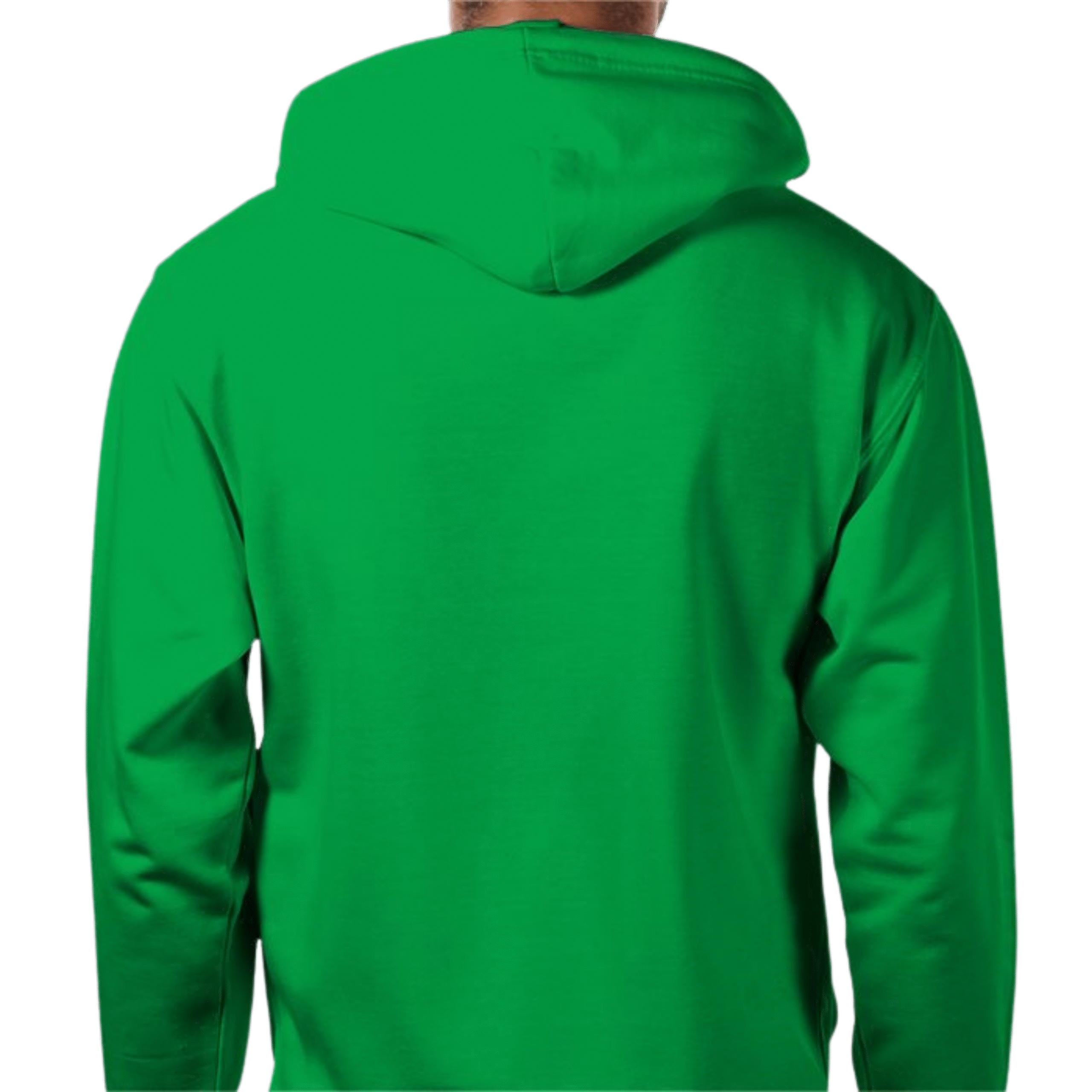 Back view of Royal Crown Emerald Zip Hoodie with faint gold ‘Claim the Irish Crown’ arched print, hood up on Irish hillside