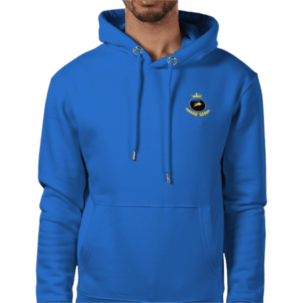 Back view of Royal Ua Conchobhair Hood with large white ‘Ua Conchobhair’ arched print, hood up