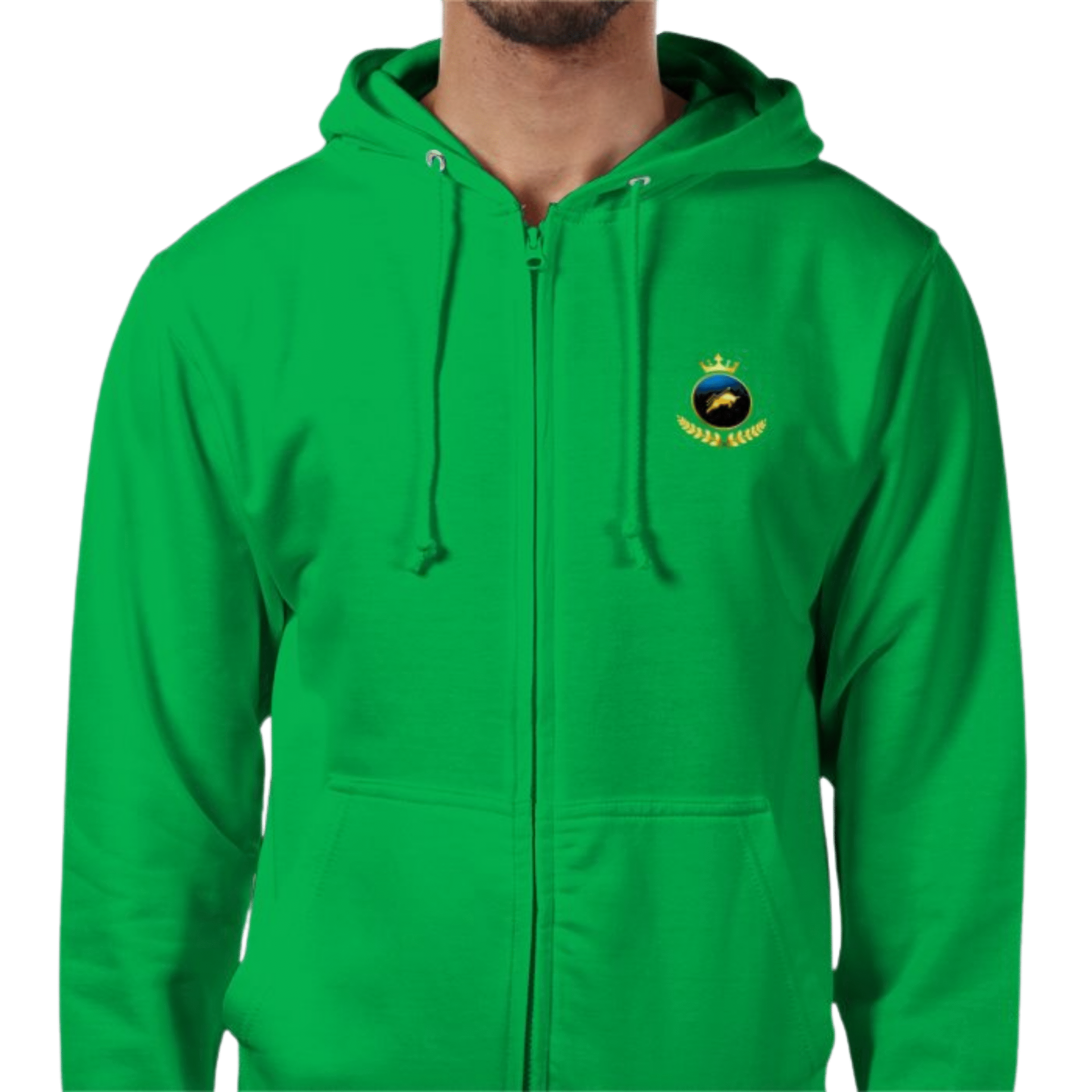 Front view of Royal Crown Emerald Zip Hoodie in rich emerald green with gold crown embroidery on chest, Irish heritage luxury