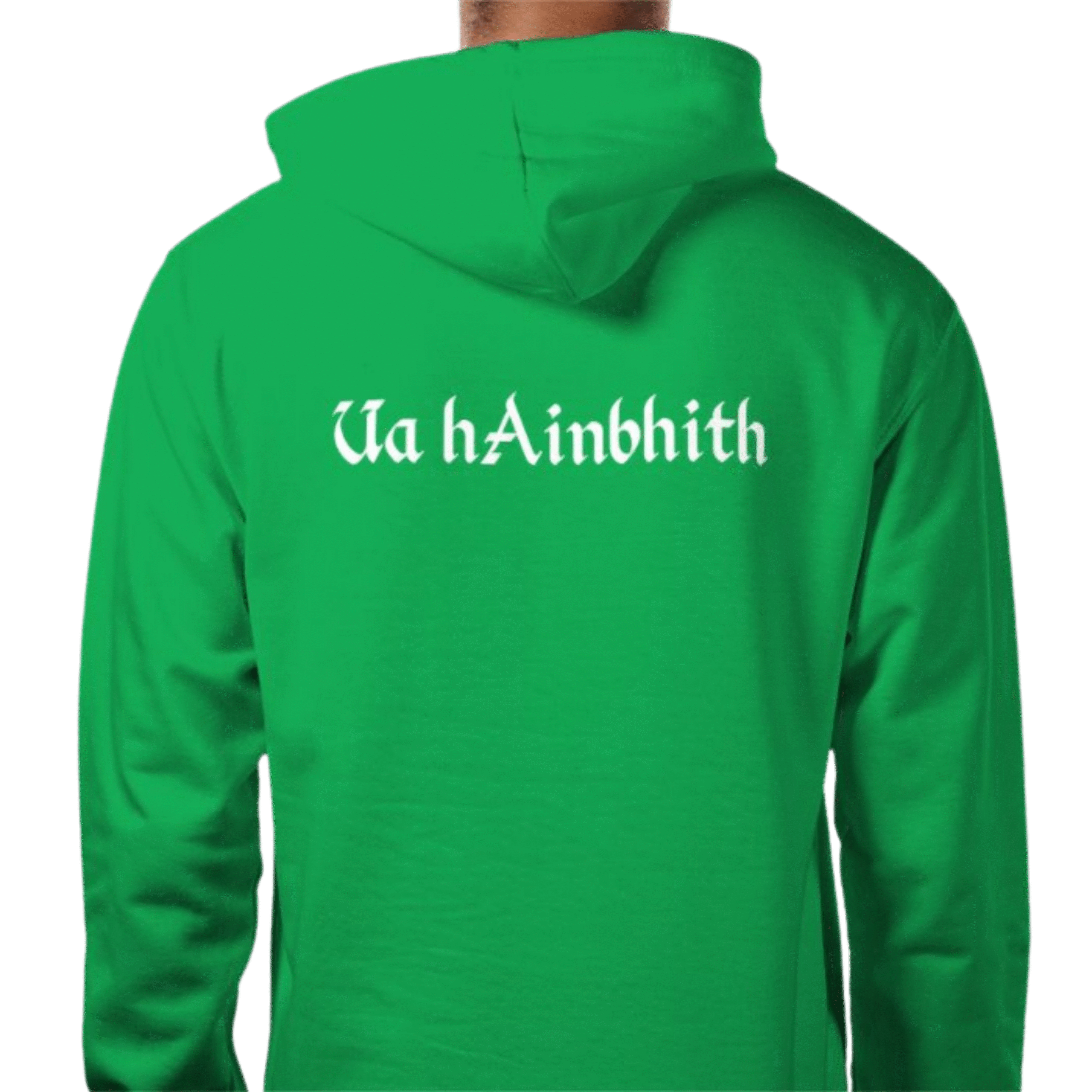 First View of Royal Ua hAinbhith Hood with large white ‘Ua Briain’ arched print, hood up