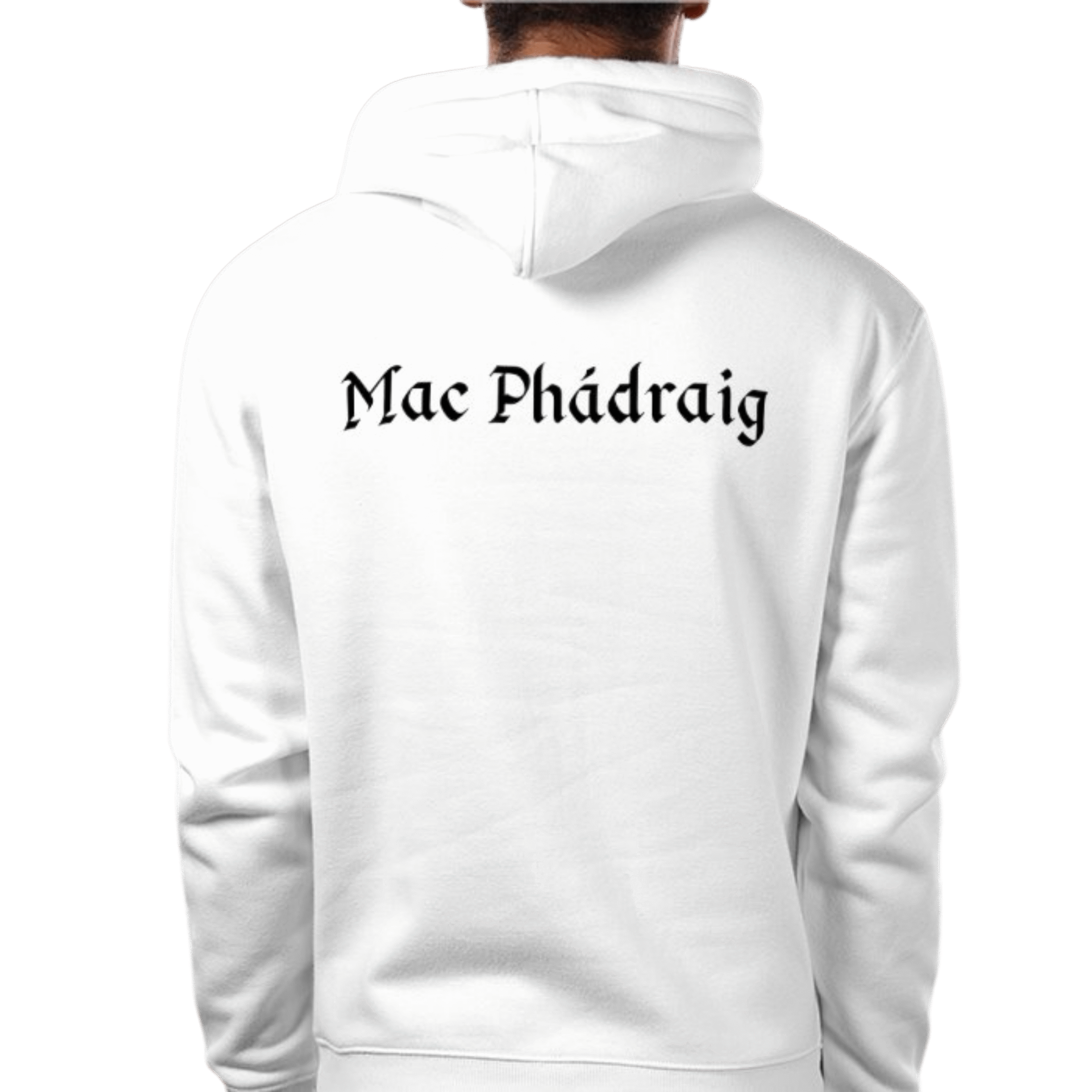 Front view of Royal Mac Phádraig Hood in pearl ivory with gold bull and crown embroidery on chest, pure luxury zip-up